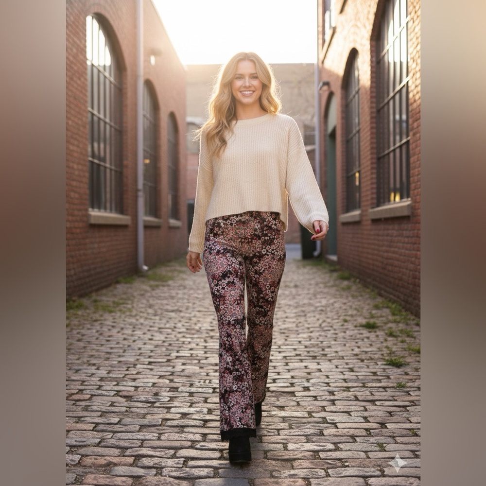TCEC Velvet Floral Bell Bottom Flares M